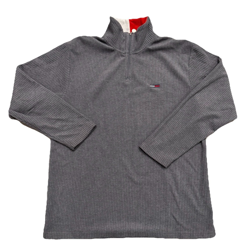 VINTAGE Tommy Hilfiger Sweatshirt Mens XL Gray Quarter Zip Flag Logo 90s Ribbed